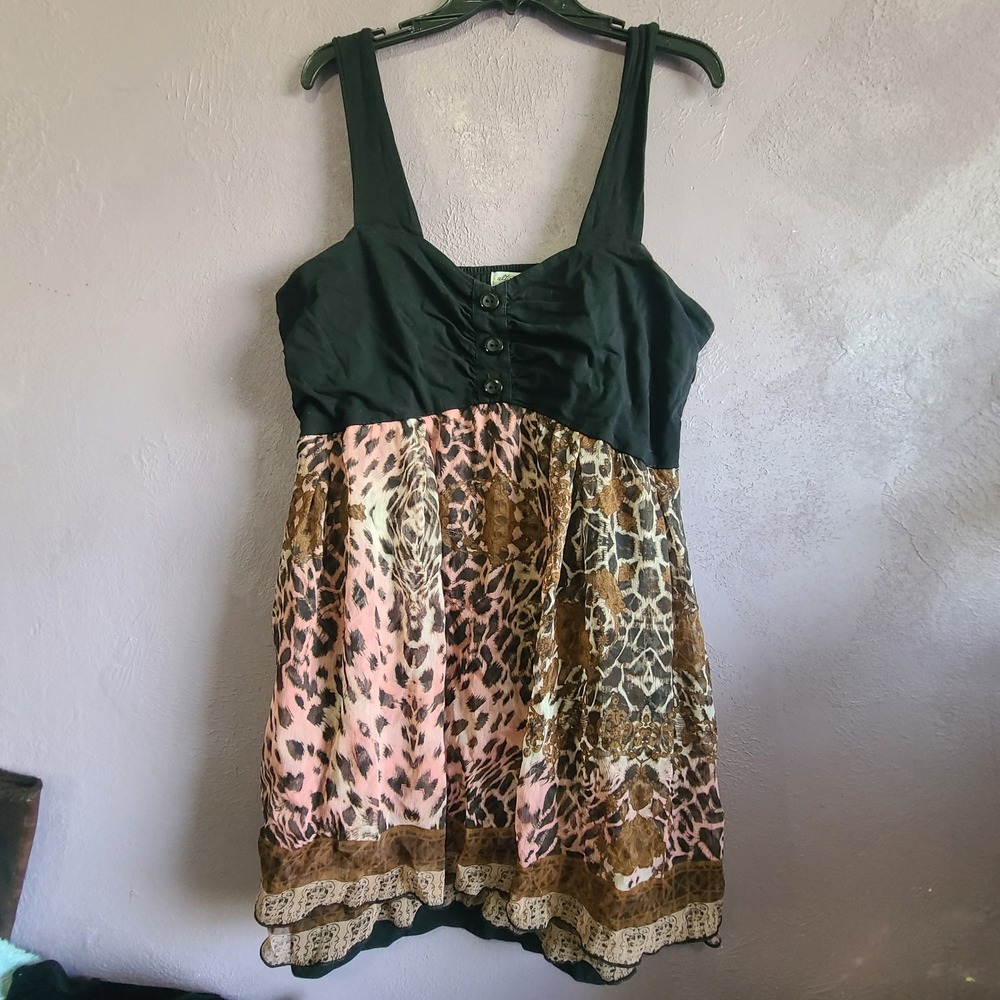 Ultra Pink Dress Women 2X Black Pink Leopard Smocked Back Tiered Mini Baby Doll